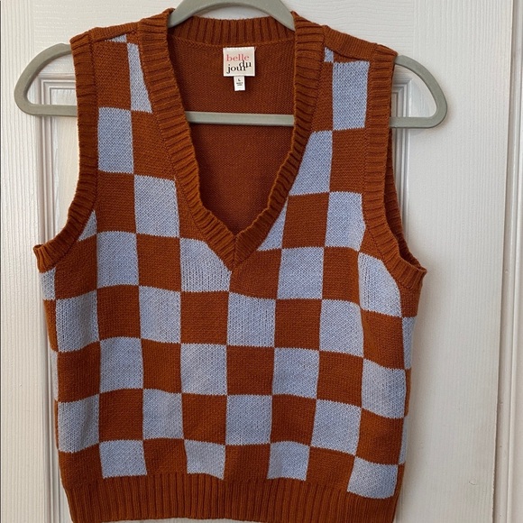 Y2K retro style Belle Du Jour Brown and Blue Checkered Knit Top - Picture 4 of 4